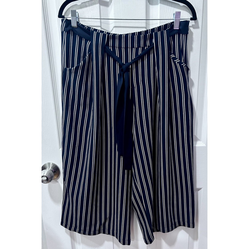 Aqua Navy Blue White Stripe Culottes Gaucho Capti Pants Sz M